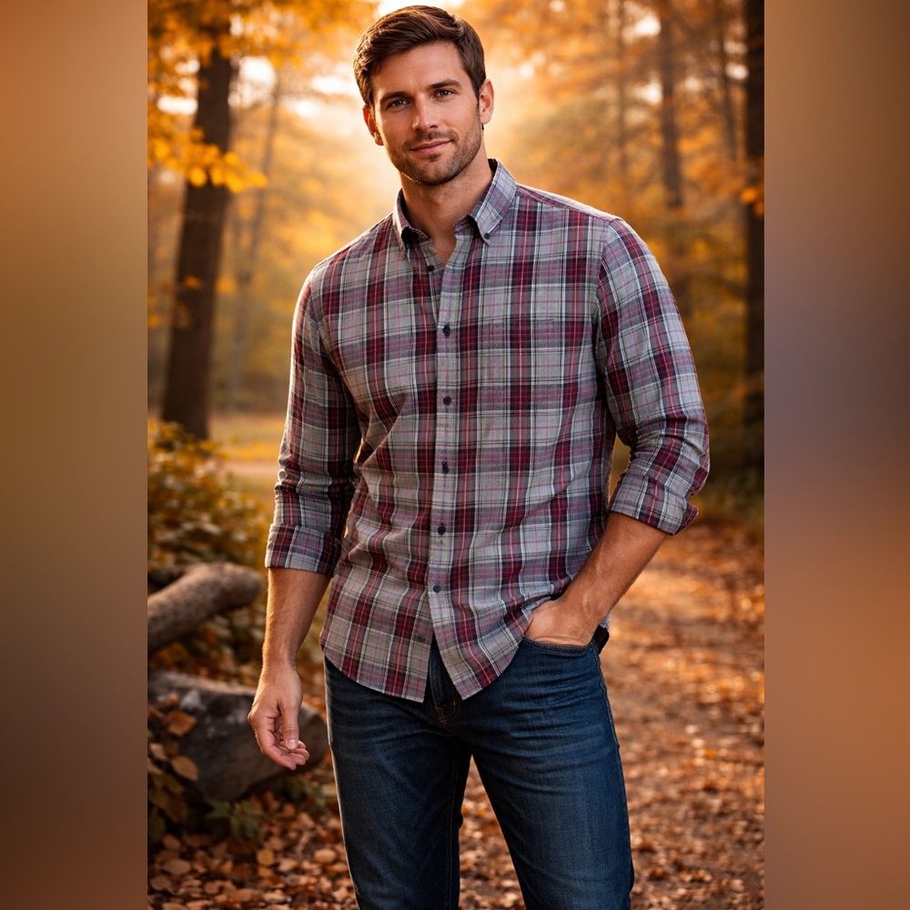Weatherproof Vintage Plaid Button Shirt Mens L Gray Red Green Cotton Classic